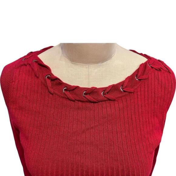 CACHE Wine Red Knit Bodycon Midi Sweater Dress Medium Lacing Vintage 90s Y2K - Picture 5 of 8